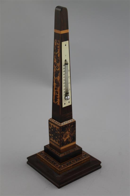 A Tunbridge ware Cleopatras Needle rosewood mosaic thermometer, 10in.